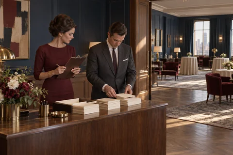 A woman holds a clipboard while a man arranges envelopes at a reception counter.