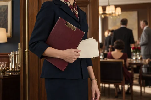 A person in a navy suit holds a burgundy clipboard and cream envelopes.