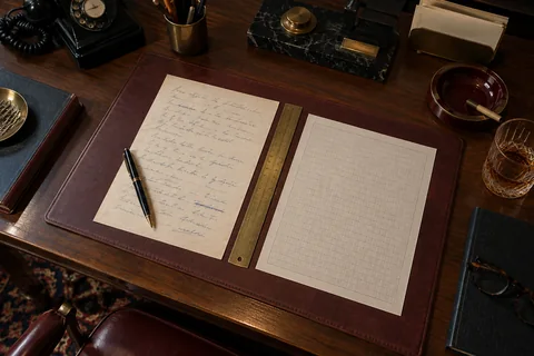 A handwritten sheet and blank grid paper lie beside a brass ruler on a burgundy desk pad.