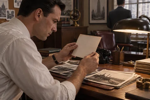 A man examines the reverse of a photograph above stacks of industrial prints.