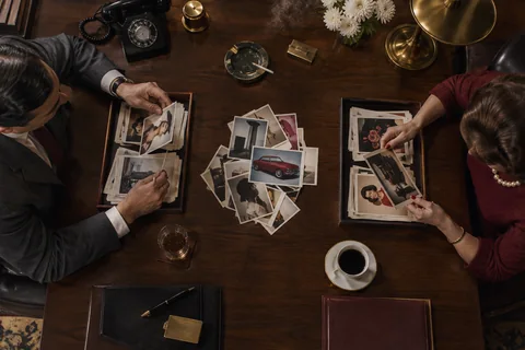Seen from overhead, a man and woman sort photographs into separate wooden trays.