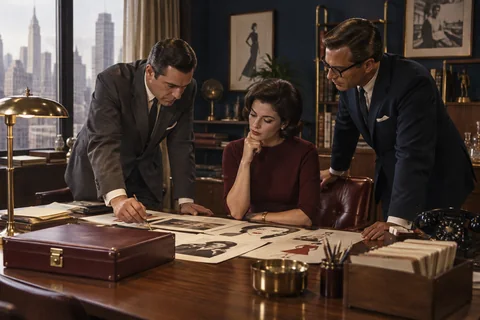 Three colleagues compare advertising proofs beside a closed burgundy case and an index-card box.