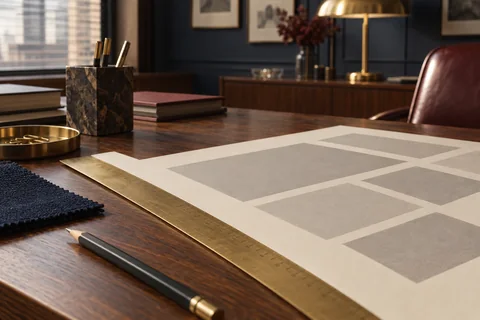 A brass ruler and pencil lie beside an abstract paper layout on a walnut surface.