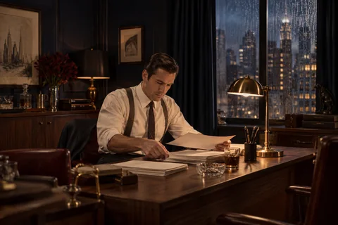 A man sorts paper stacks at a lamp-lit desk beside a rainy window.