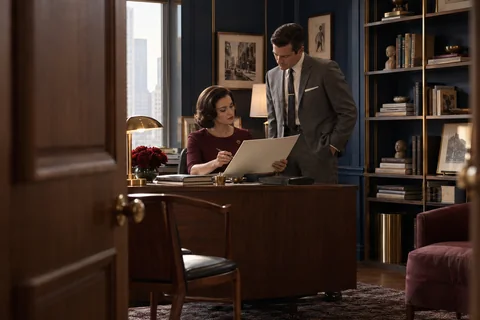 Two colleagues review a folio at a walnut desk in a navy-paneled office, seen through an open doorway.
