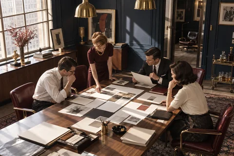Four researchers examine paper layouts around a large walnut planning table.
