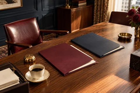 Presentation folders, a brass paperweight and a coffee cup sit on a walnut table.