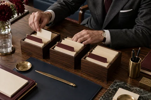 Hands sort cream index cards into three walnut boxes with burgundy dividers.