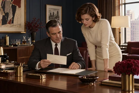 A seated man and a woman review an envelope and paper record at a walnut desk.