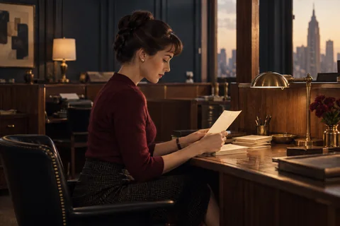 A woman reads a letter at a walnut desk under a brass lamp.