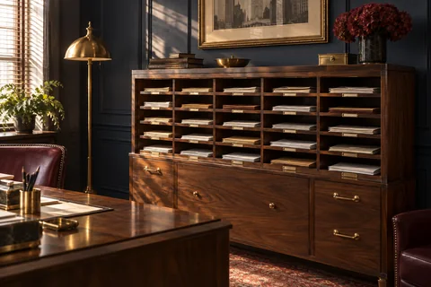 Stacks of envelopes fill the open pigeonholes of a walnut correspondence cabinet.