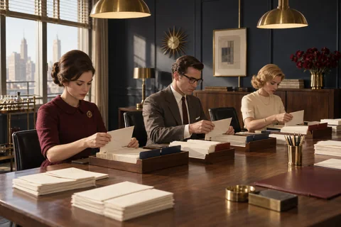 Three colleagues sort envelopes into wooden trays with colored dividers at a long table.