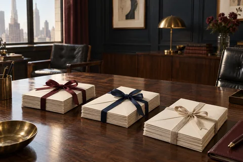 Three stacks of cream envelopes are tied separately with burgundy, navy and natural ribbons.