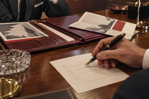 A fountain pen hovers above empty response boxes and lines beside an open burgundy portfolio.