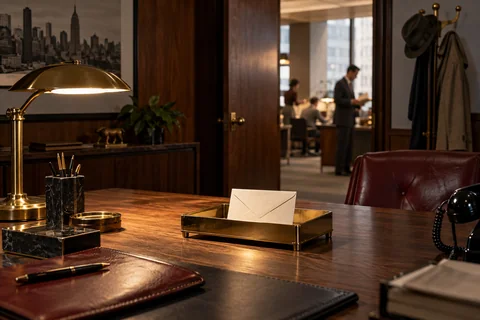 A cream envelope stands in a brass mail tray beneath a desk lamp, with an open office doorway beyond.