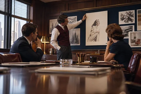A presenter holds a portrait advertising proof against a navy board while two seated colleagues review it across a walnut table.