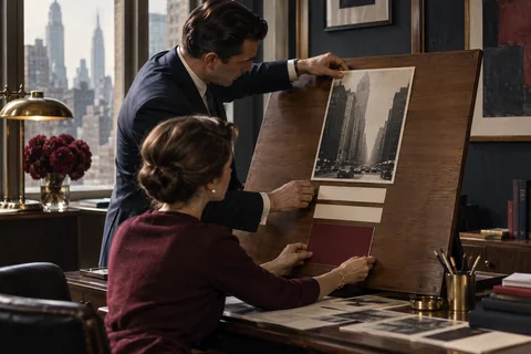 Two designers arrange a street photograph and simple paper blocks on a walnut drafting board.