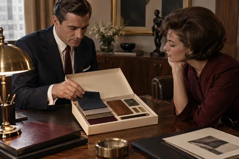 A man presents fabric, wood and brass samples in an open cream box to a woman.