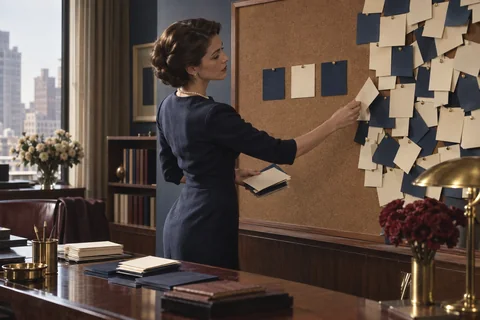 A woman removes cards from a crowded corkboard beside a simple three-card sequence.