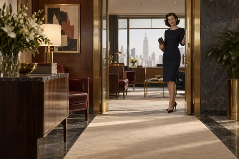 A woman stands welcomingly in an open brass-framed doorway beyond a cream carpet.