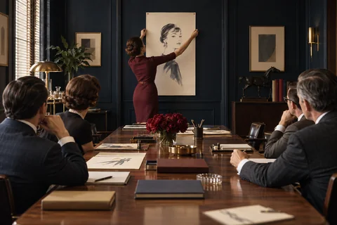 A designer pins a large portrait concept to a navy wall as colleagues watch from a conference table.