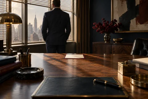 A cream invitation on burgundy backing rests on a walnut desk with a man standing at the window.