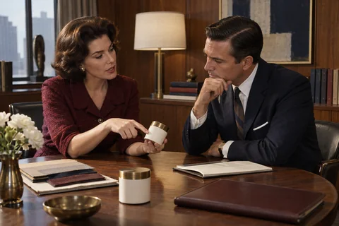 A woman discusses a plain cream product jar with a listening colleague at a round table.