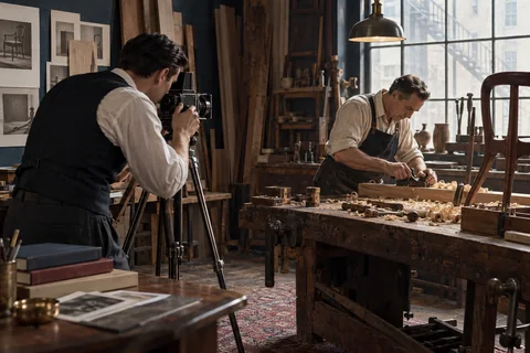A photographer records a craftsperson planing wood at a workshop bench.