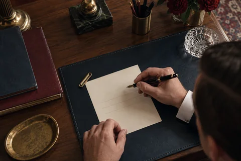 A hand holds a fountain pen above a short blank ruled form on a navy desk pad.