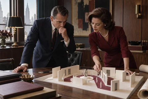 Two colleagues examine a cream architectural model with a burgundy pathway on a walnut table.