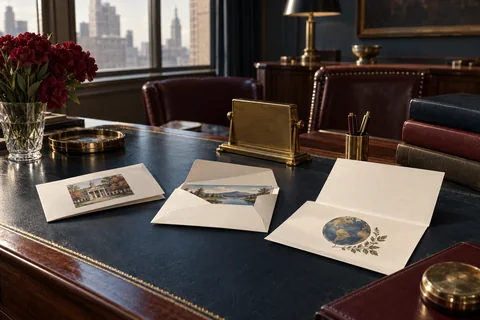 Three illustrated cream mailers lie at different stages of opening on a navy desk pad.