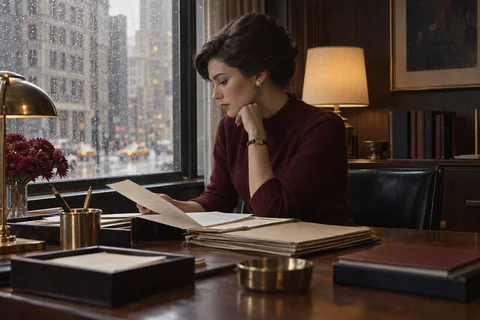 A woman reviews correspondence from an open folder beside a rain-covered office window.