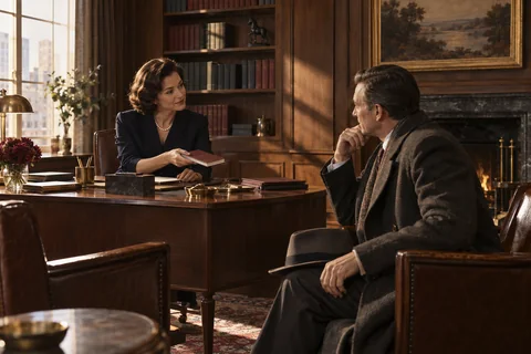 A woman offers a small book to a visiting man seated in a walnut library office.