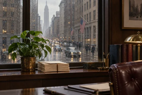 A green potted plant and a tied stack of cream correspondence rest beside a rain-covered city window.