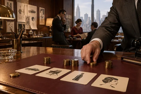 A hand places brass counters beside illustrated cards on a burgundy desk pad.
