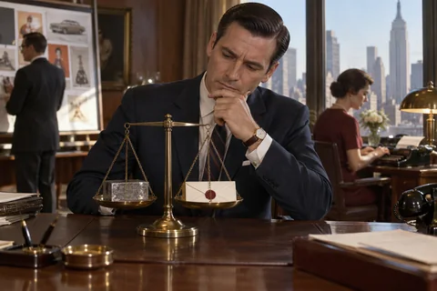A man examines a brass balance holding a metal block and a wax-sealed envelope.