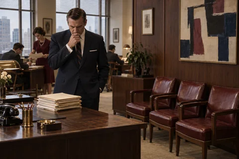 A suited man studies a stack of cream folders beside a row of empty burgundy chairs.