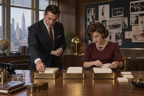 A man and woman arrange blank cards in three brass trays across a walnut table.