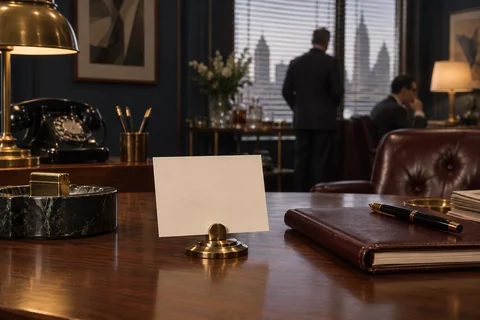 A blank cream card stands in a small brass holder beside a closed leather notebook.