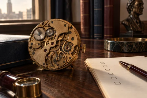 A brass clockwork mechanism rests beside a cream sheet of empty checkboxes.