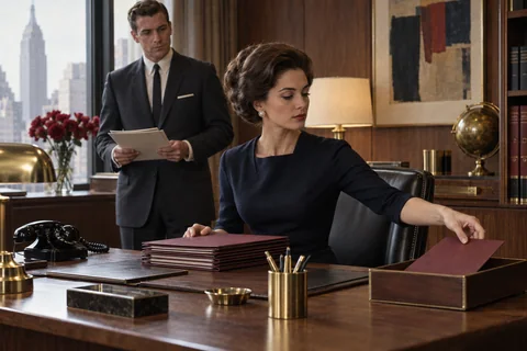 A woman places a burgundy folder into a separate wooden tray while a colleague waits.
