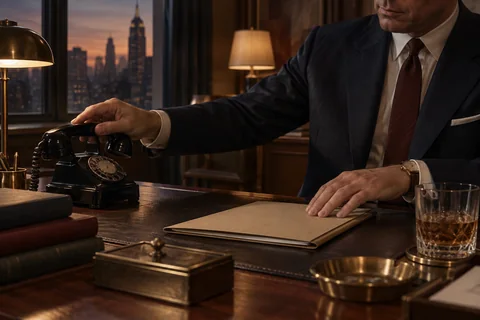 A man sets down a rotary telephone handset beside a closed cream folder.