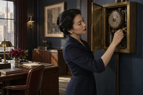 A woman inspects a mechanical time switch inside an open brass wall cabinet.