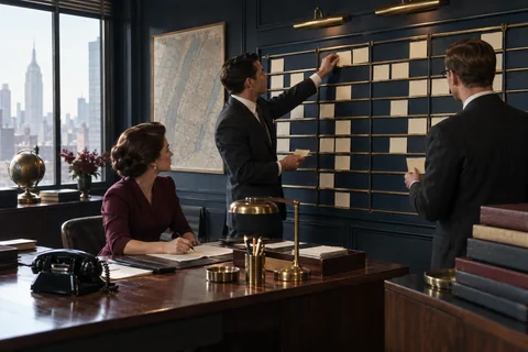 Three colleagues arrange cream cards on a wall-mounted board with brass rails.