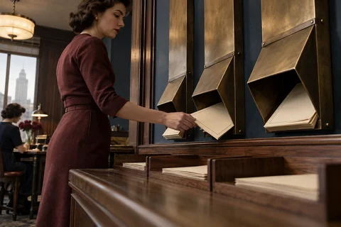 A woman transfers a cream folder from a brass document chute above wooden trays.