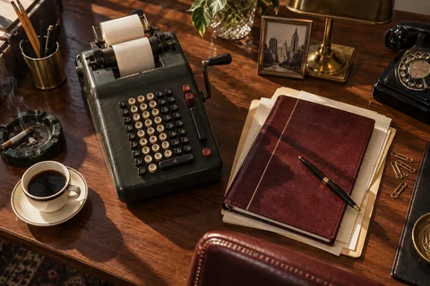A mechanical adding machine and burgundy ledger sit beside a cup of coffee on a walnut desk.