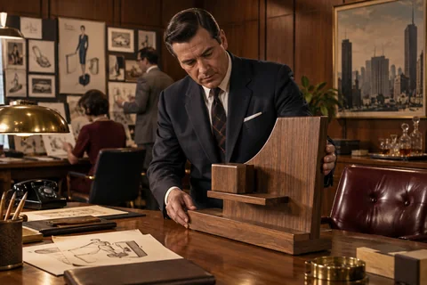 A man studies a walnut display model with a curved rising profile and a small wooden block.