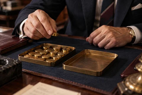 A hand lifts a brass counter above a full tray beside an empty matching tray.