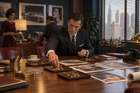A man allocates brass counters among wooden trays beside advertising artwork.