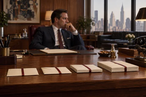 Four ribbon-bound stacks of cream envelopes sit in a row across a walnut desk.